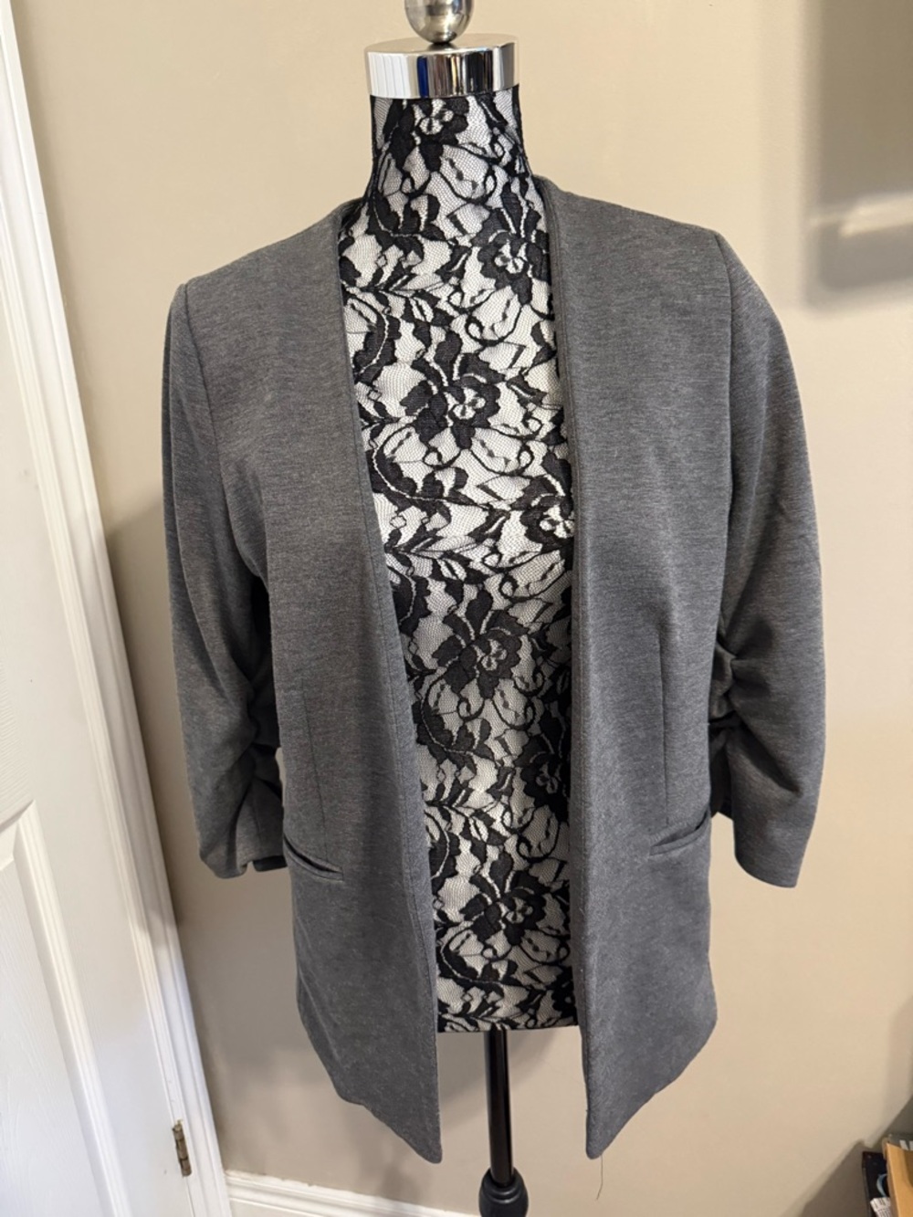 Ricki’s Gray Open-Front Three Quarter Ruched Sleeve Blazer